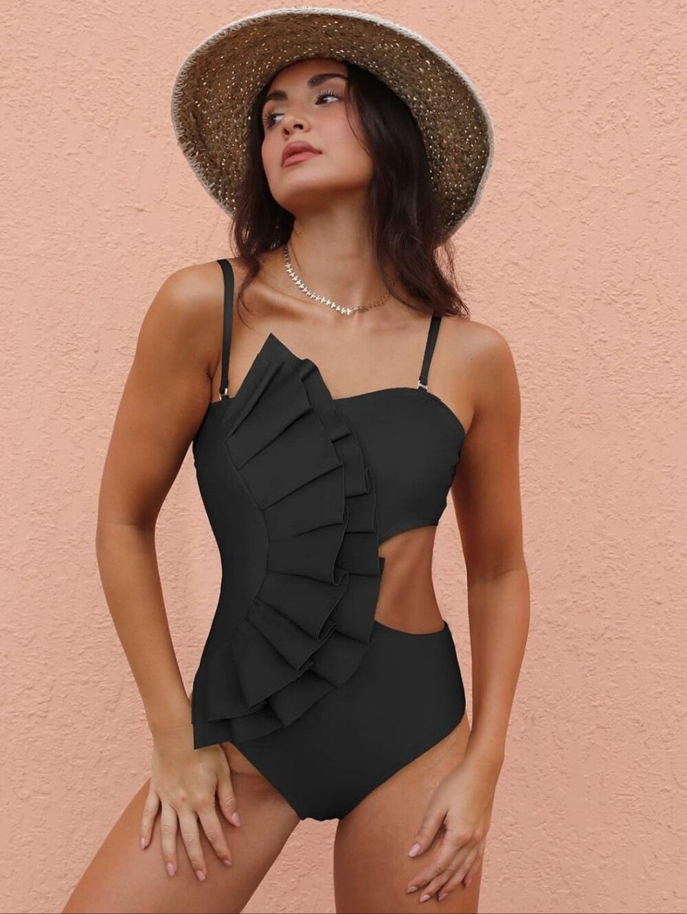 Sporlike Black Ruffled One-Piece Swimsuit Size S